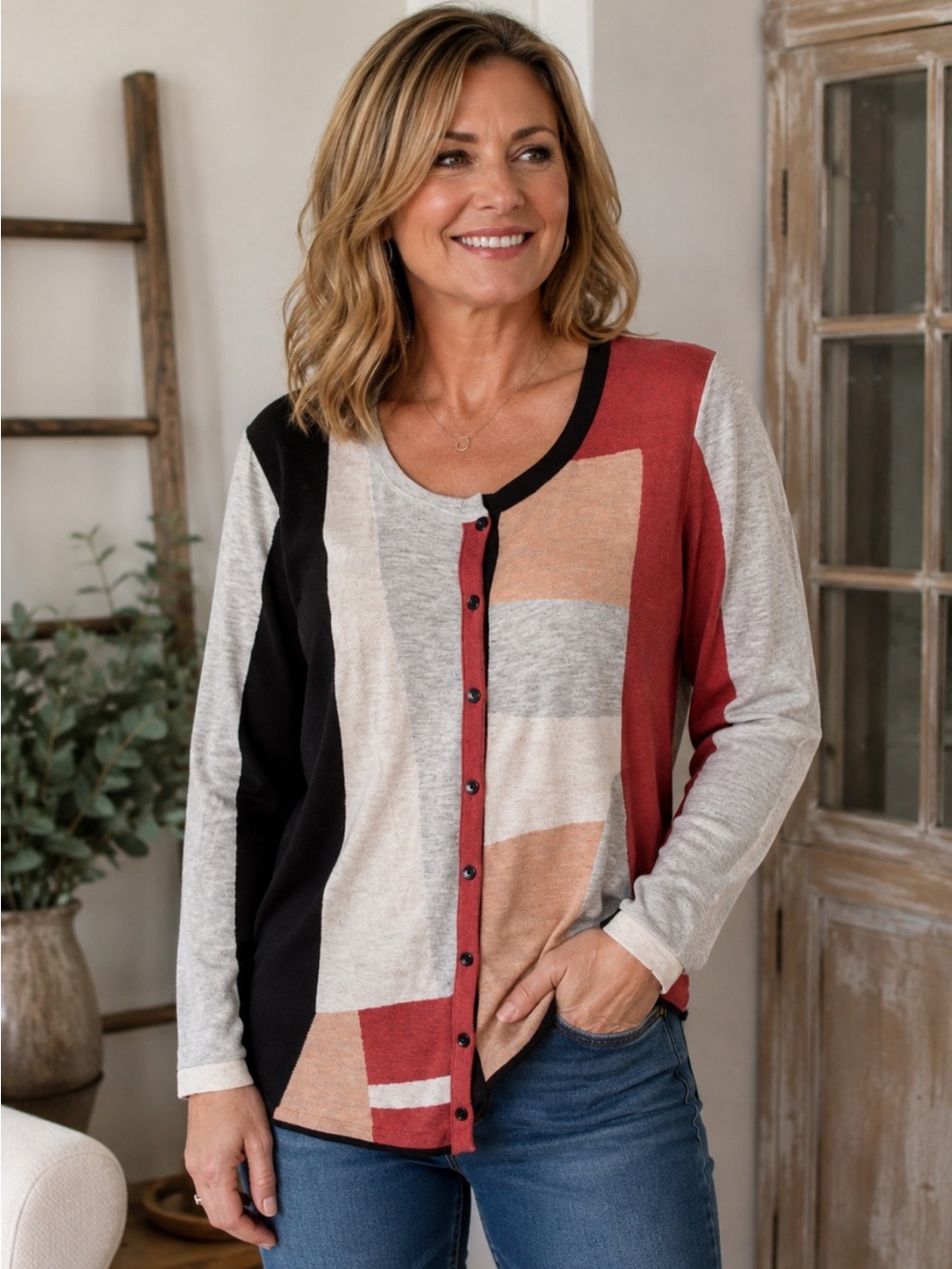 NIC+ZOE Geometric Colorblock Button-Front Top in Black, Cream & Coral